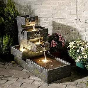 Tiered Waterfall Fountain Outdoor Garden - Concrete Artistry Modern Style with LED Lights