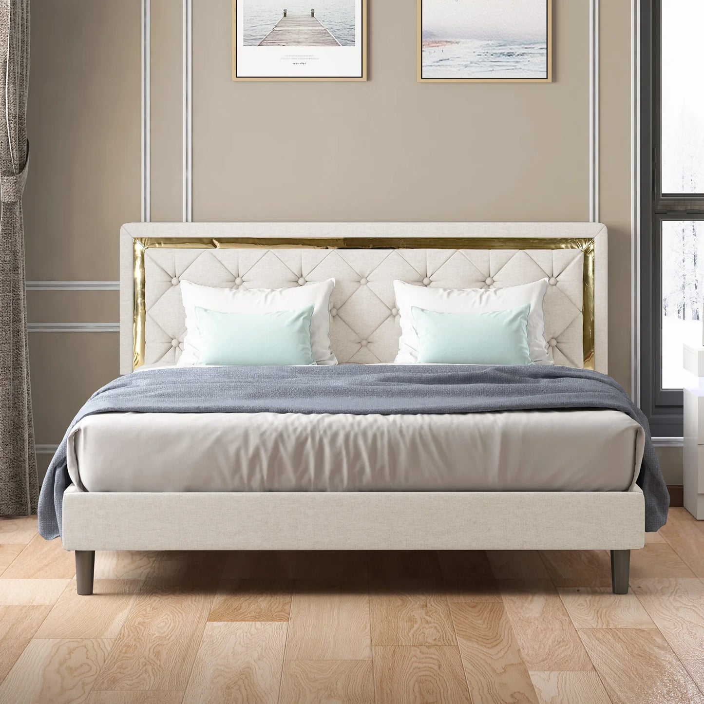 A Bed Frame - Upholstered Mattress Frame with Adjustable Headboard - Thin Velvet Bed Frame with Button Tufted Headboard