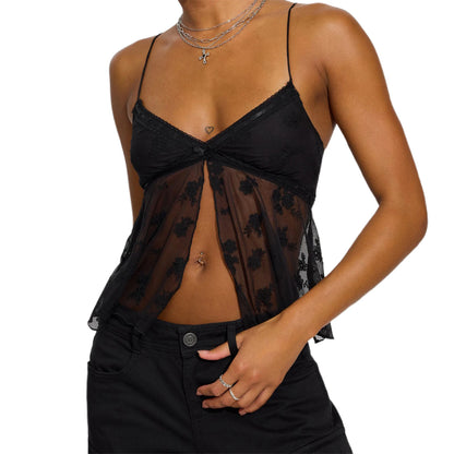 Ladies Sleeveless V Neck Cami - Floral Embroidery, Mesh Camisole, Lace Trim, Tank Tops for Summer
