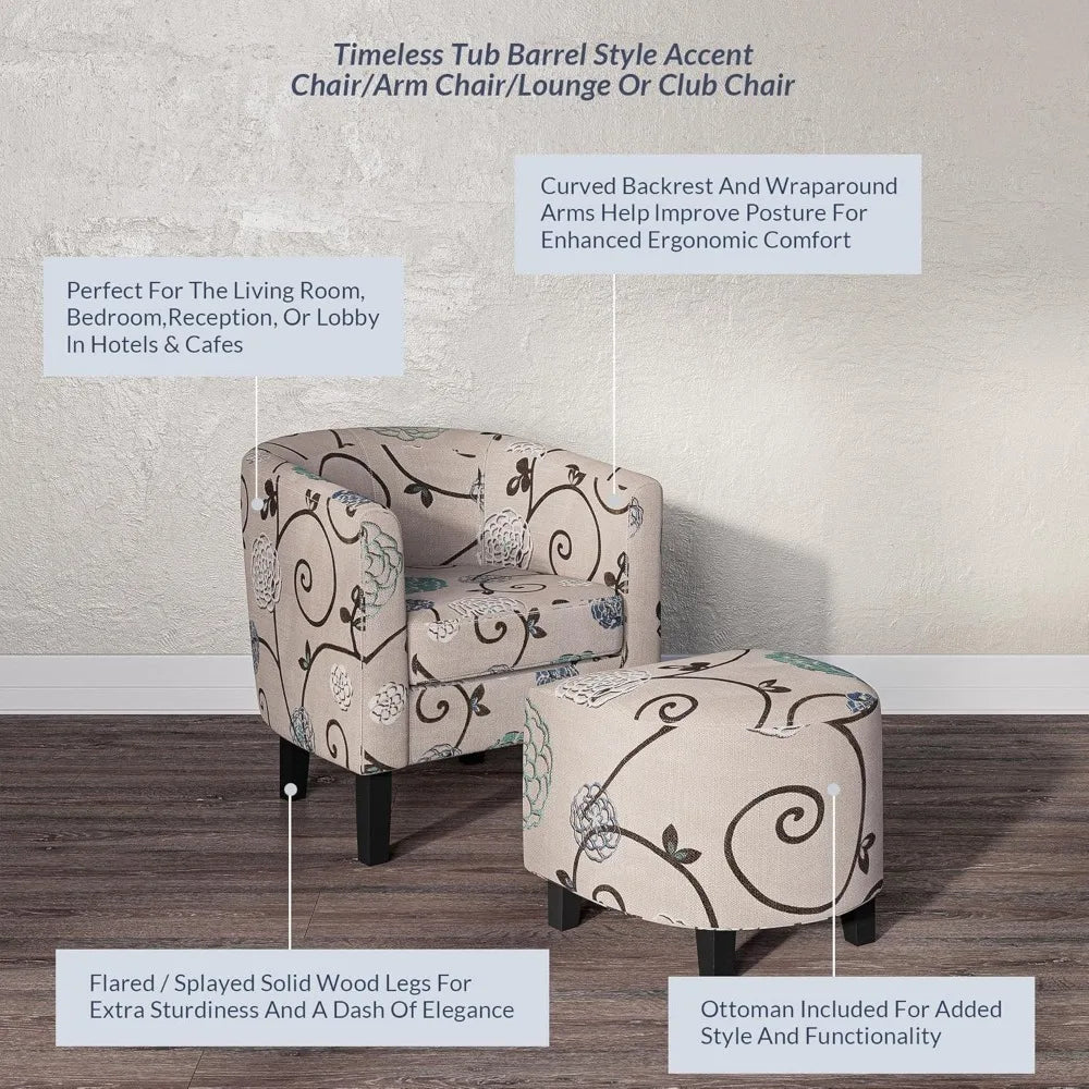 Accent Chair with Ottoman Set of 2 - Curve Back Living Room Chair - Stylish Barrel Club Chair and Footrest Set