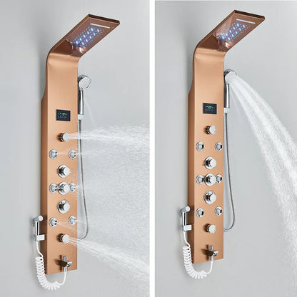 LED Bathroom Shower Panel Intelligent LCD Shower Column System with 6 Modes Rain Waterfall Massage Jet Bath Mixer Tap