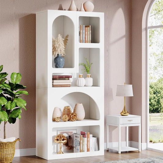70.87" Tall Geometric Bookshelf - White Arched Bookcase with 5 Irregular Storage Shelves - Free-Standing for Living Room, Bedroom, Office