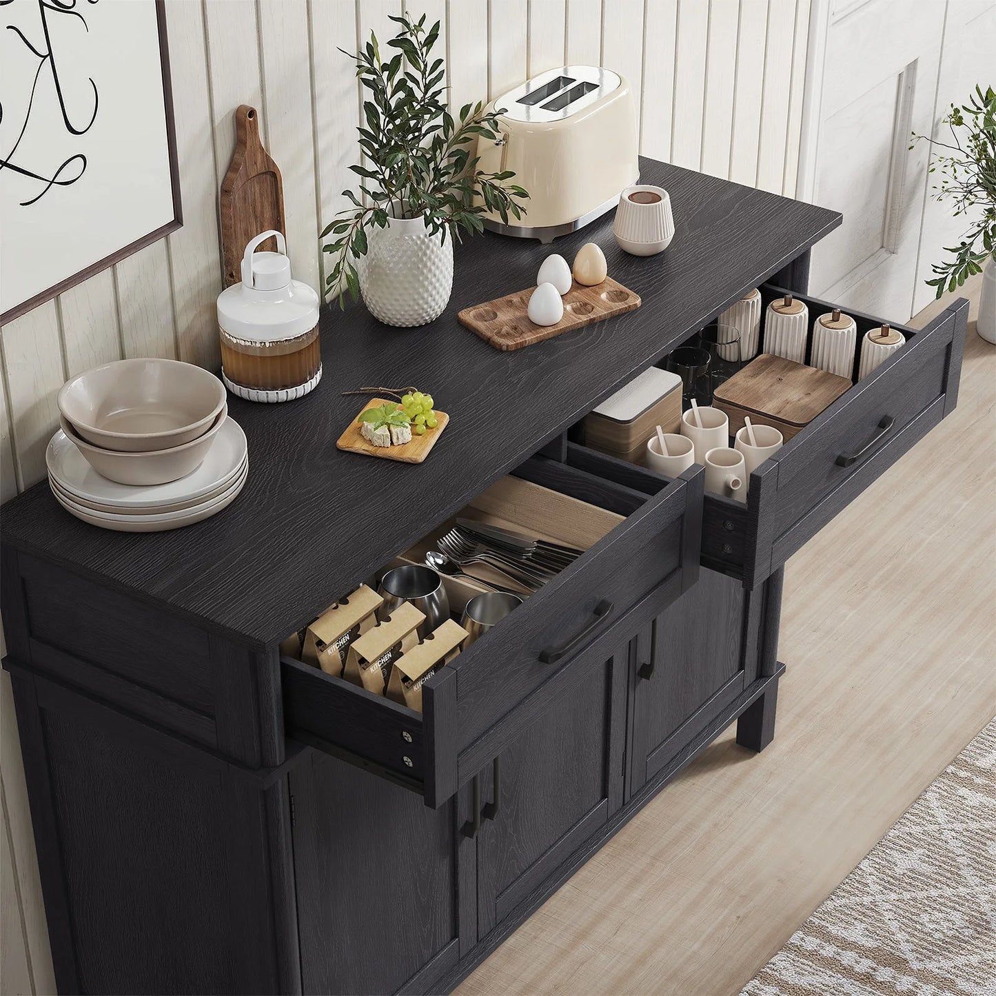 48" Storage Buffet Cabinet - 2 Drawers & Doors, Adjustable Shelve, Wooden Kitchen. Living Room & Hallway Cabinet