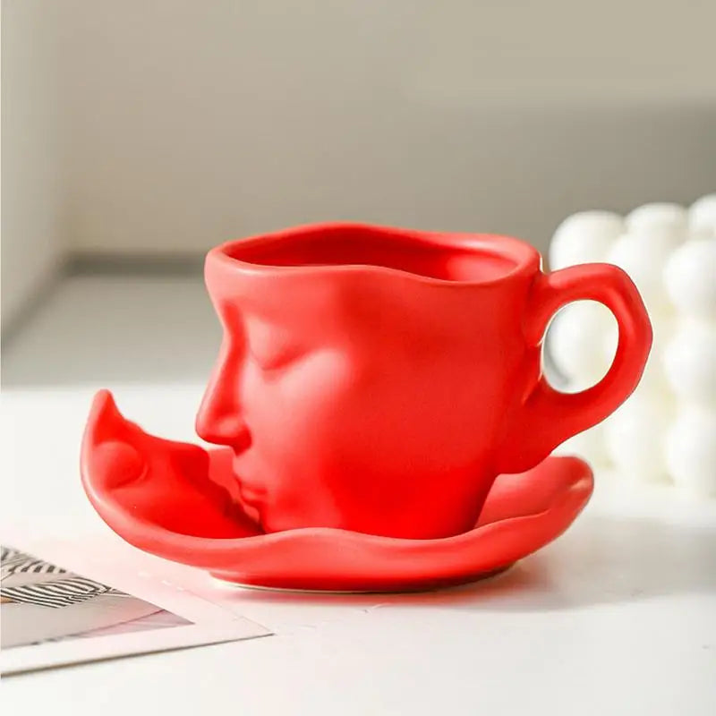 Creative Face Shape Porcelain Cup and Saucer - Ceramics Tea Cup - Artistic Kiss