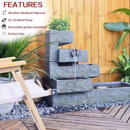 Tiered Waterfall Fountain Outdoor Garden - Concrete Artistry Modern Style with LED Lights