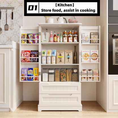 47" H Kitchen Pantry Cabinet with 2 Doors and 2 Drawers - Solid & Sturdy, Storage Cabinet for Entryway, Kitchen - White