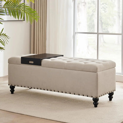 51-inch Storage Ottoman Bench with Removable Tray - Bedroom Bench with Button-Tufted, Safety Hinge Ottoman in Upholstered Fabrics