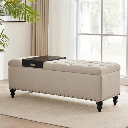 51-inch Storage Ottoman Bench with Removable Tray - Bedroom Bench with Button-Tufted, Safety Hinge Ottoman in Upholstered Fabrics