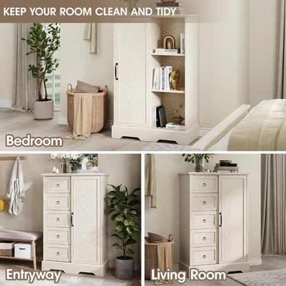 Dresser Storage Cabinet With 5 Drawers and Sliding Barn Door - 48" Tall Wood Rustic Chest for Bedroom, Kitchen Or Office
