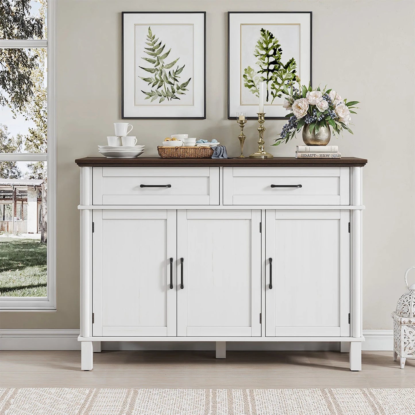 48" Storage Buffet Cabinet - 2 Drawers & Doors, Adjustable Shelve, Wooden Kitchen. Living Room & Hallway Cabinet