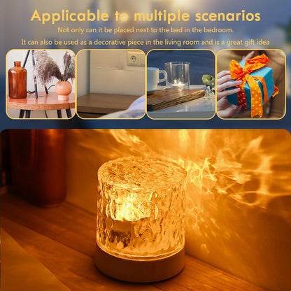 Water Ripple Night Light Touch Control Rotating Water Wave Lamp Projector USB Rechargeable Atmosphere Crystal Lamp Room Decor