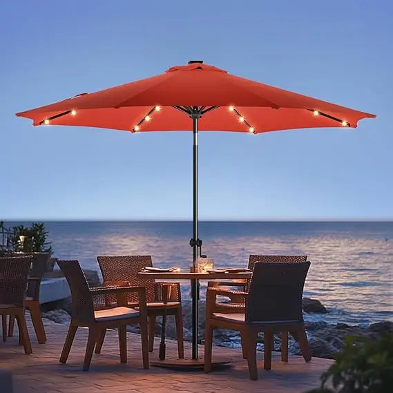 9ft Solar Led Patio Umbrella - Sturdy Outdoor Market Umbrella for Deck, Pool, Garden w/Tilt, Crank, 32 LED Lights, Carbon Grey
