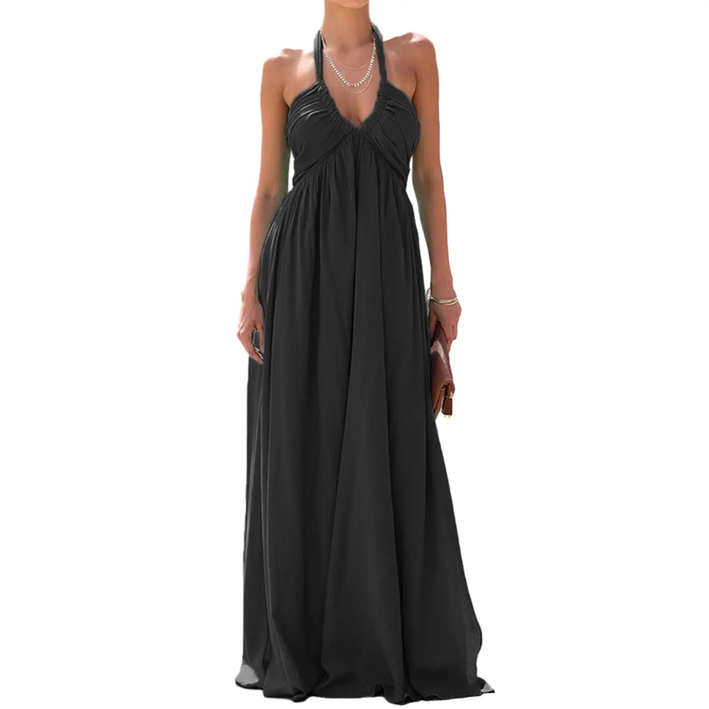 Women Summer Casual Maxi Dress - Solid Color - Tie-Up Halter Neck, Sleeveless & Backless Dress