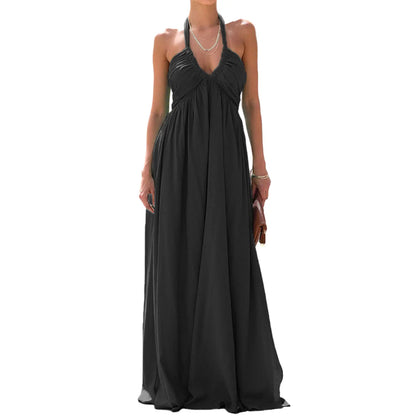 Women Summer Casual Maxi Dress - Solid Color - Tie-Up Halter Neck, Sleeveless & Backless Dress