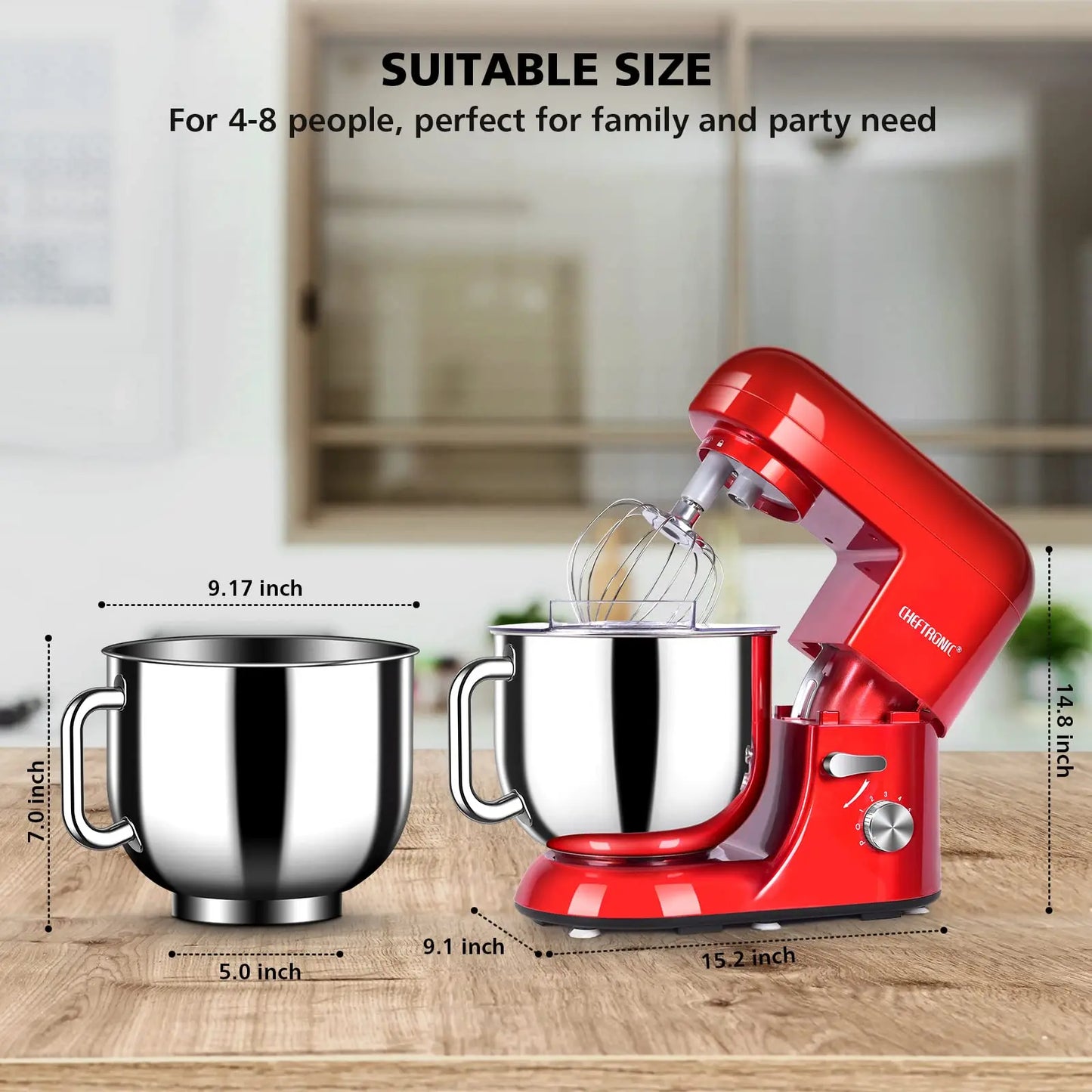 Cheftronic 6 Speed Stand Mixer with 7 Quart Stainless Steel Mixing Bowl - Dough hook, Egg whisk, Kitchen Mixer