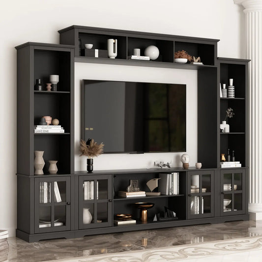 Modern TV Stand for up to 66" TVs - 4-Piece Wall Unit with Bookshelves, Glass Doors & Open Shelves, for Living Room