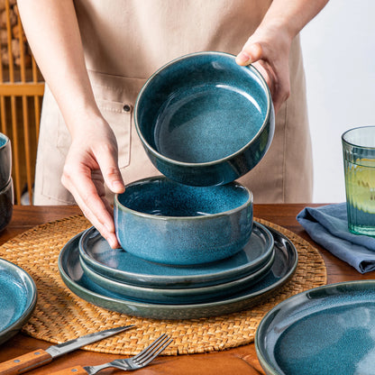 Vancasso 12/24Piece Ceramic Plate Set - Blue Reactive Glaze - Vertical Edge Tableware Set with 4/6 Sets, Dinner Plate/Dessert/Bowl