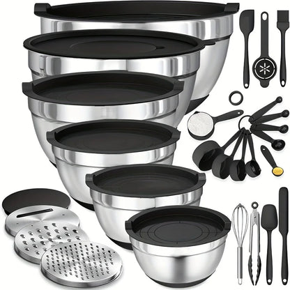 17 Piece Stainless Steel Mixing Bowls With Lids - Grater Attachment - Non-Slip Kitchen Gadget Set - Mixing And Serving