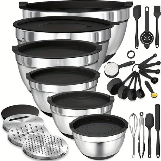 17 Piece Stainless Steel Mixing Bowls With Lids - Grater Attachment - Non-Slip Kitchen Gadget Set - Mixing And Serving