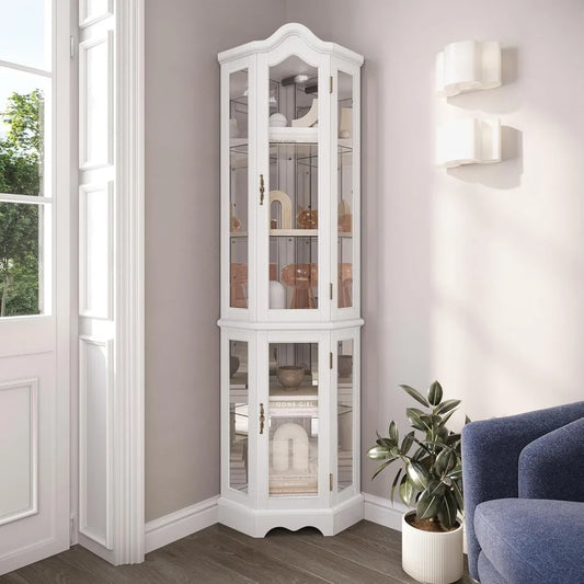 Lighted 3-Side Glass Display Curio Cabinet w/ Tempered Glass Doors and Shelves - Curved Wood Corner Cabinet with Bulb