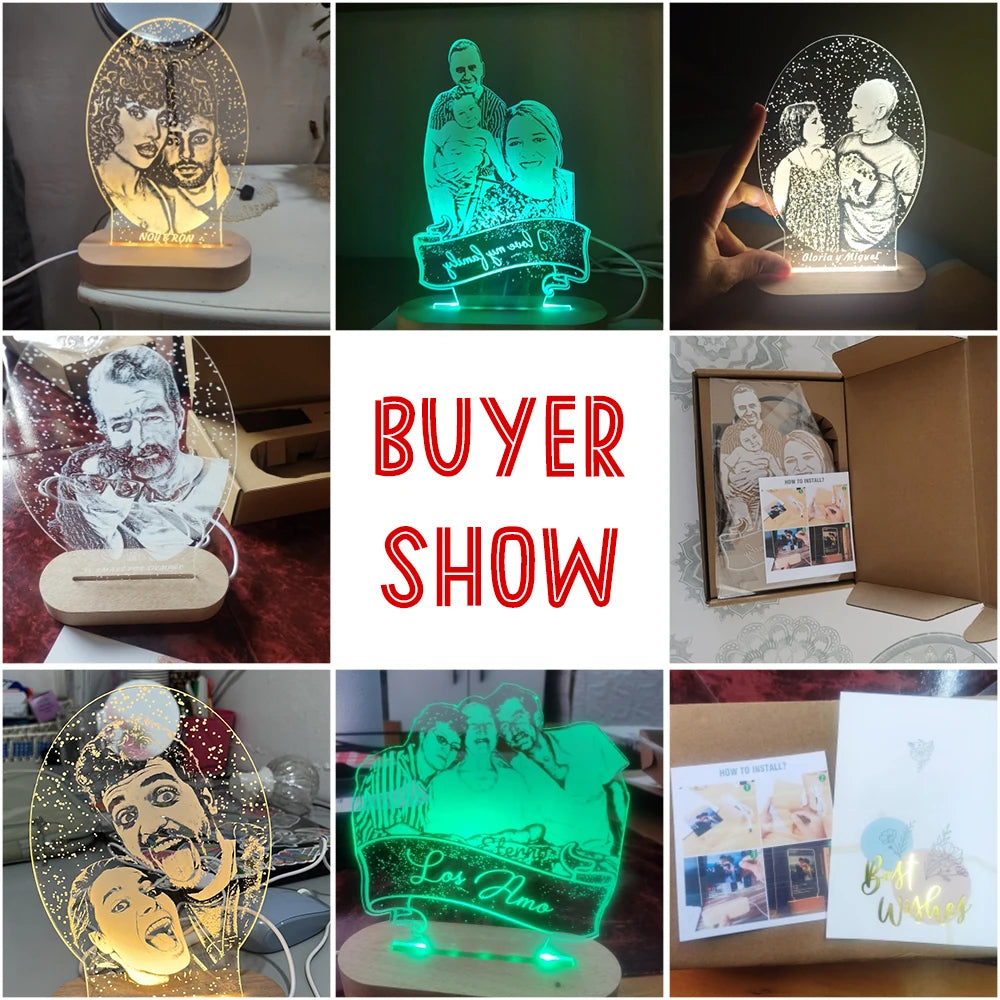 Custom Photo Night Light - Carved Wood Base - Personalized Text