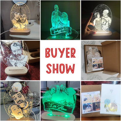 Custom Photo Night Light - Carved Wood Base - Personalized Text