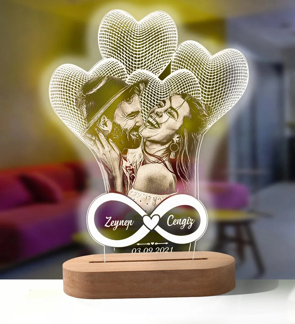Custom Photo Night Light - Carved Wood Base - Personalized Text