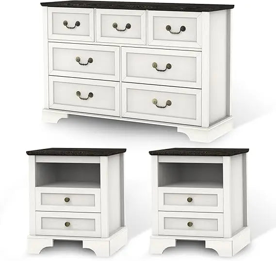 3 Pcs Bedroom Set - Rustic Wood 6 Drawer Dresser and Nightstands
