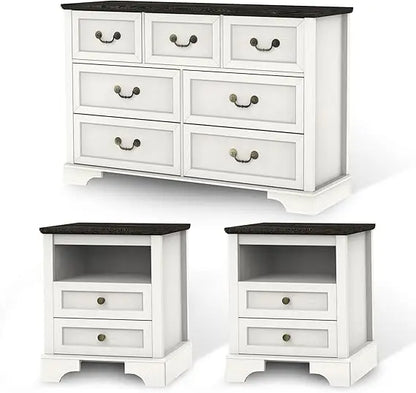 3 Pcs Bedroom Set - Rustic Wood 6 Drawer Dresser and Nightstands