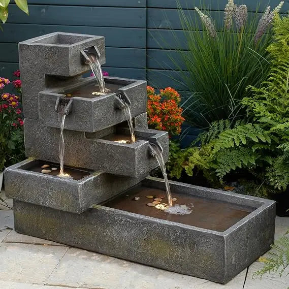 Tiered Waterfall Fountain Outdoor Garden - Concrete Artistry Modern Style with LED Lights
