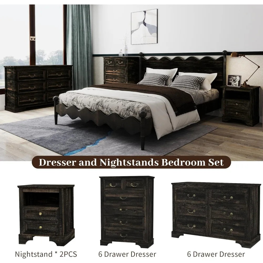 3 Pcs Bedroom Set - Rustic Wood 6 Drawer Dresser and Nightstands