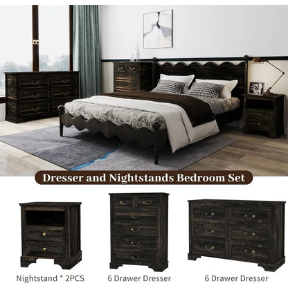 3 Pcs Bedroom Set - Rustic Wood 6 Drawer Dresser and Nightstands