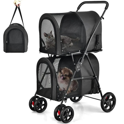 Double Pet Stroller with 2 Detachable Carrier Bags - Safety Belt - 4 Lockable Wheels - Cat & Small Dogs Stroller - Travel Carrier - Strolling Cart
