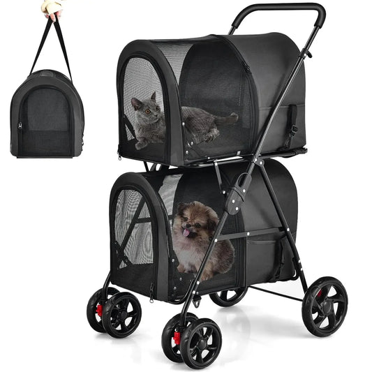Double Pet Stroller with 2 Detachable Carrier Bags - Safety Belt - 4 Lockable Wheels - Cat & Small Dogs Stroller - Travel Carrier - Strolling Cart