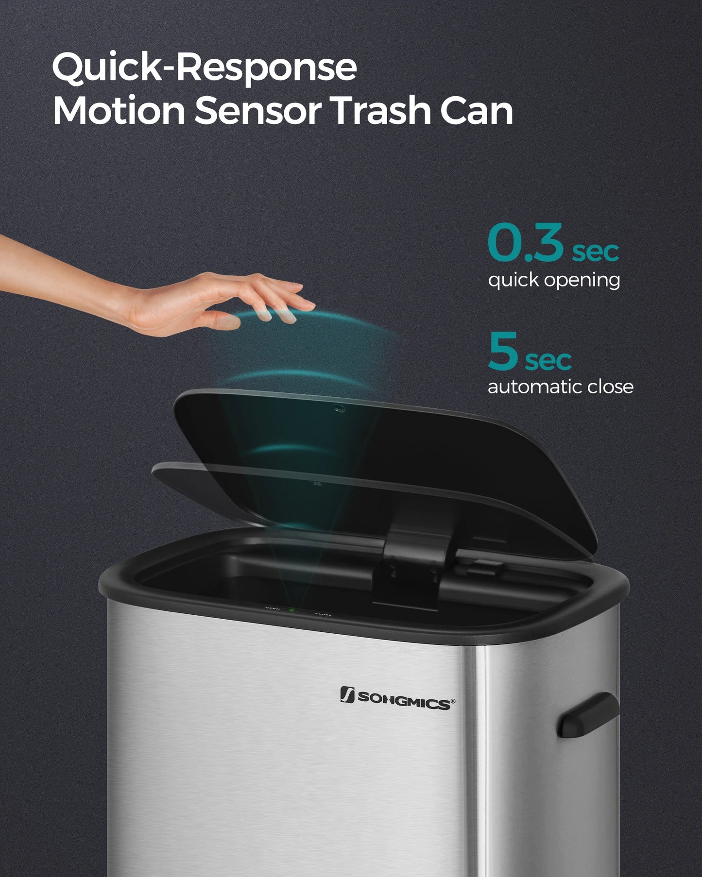 Motion Sensor Trash Can - 13 Gallon Automatic Garbage Can with Soft-Close Lid - Bag Retainer Ring - Stainless Steel