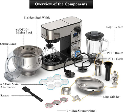 Multi-Function Kitchen Blender 6-IN-1 Stand Mixer - LCD Display Kitchen Electric Mixer