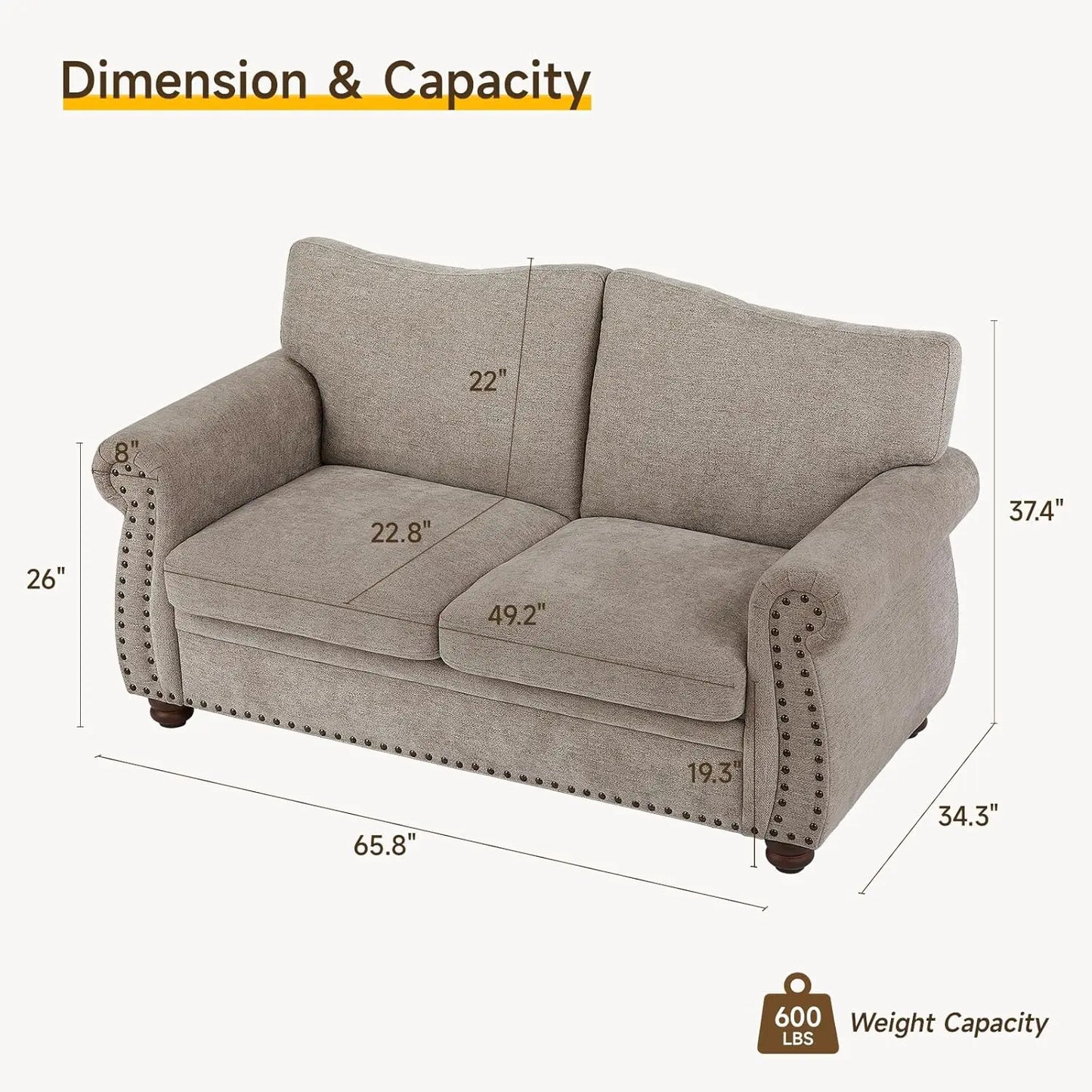 66" Small Couch with Rolled Arms - Chenille Fabric - Loveseat w/Springs Seat Cushion - Modern Curved Back - Turned Wood Legs