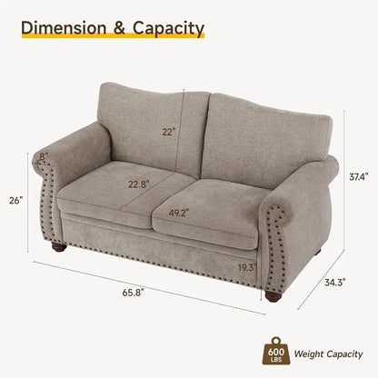 66" Small Couch with Rolled Arms - Chenille Fabric - Loveseat w/Springs Seat Cushion - Modern Curved Back - Turned Wood Legs