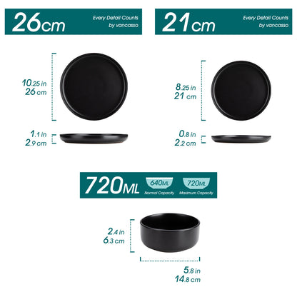 18/36 Piece Black Ceramic Plate Sets - Stoneware Dinner Set - Elegant Dinnerware with 6/12PCS Dinner Plate/Dessert/Bowl
