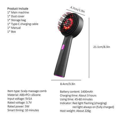 Electric Vibration Massage & Volume Comb - Red Light Therapy - Hair Growth Massage Scalp Brush, Anti Hair Loss & Liquid Oil Applicator Hair Care