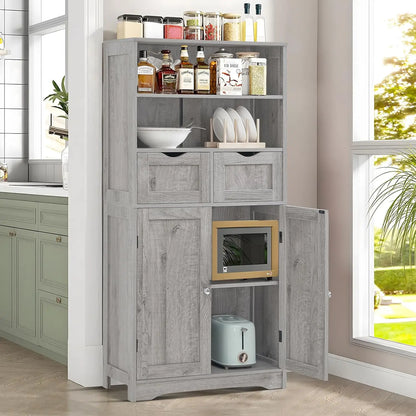 Tall Storage Cabinet With 2 Drawers & Adjustable Shelves - Bathroom Cabinet With Doors, Cupboard, Floor Cabinet For Living Room, Kitchen, Bathroom Or Office