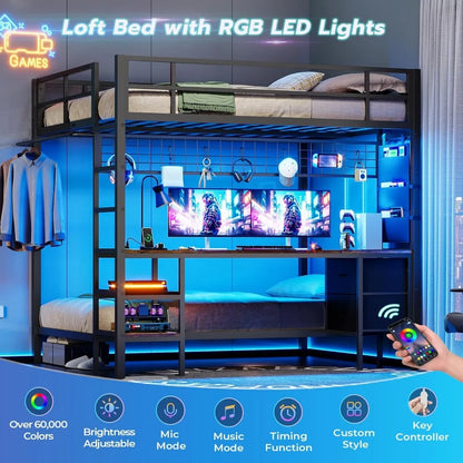 Metal Full Size Over Twin Loft Bed with Led Lights, Storage Shelves and Charging Station