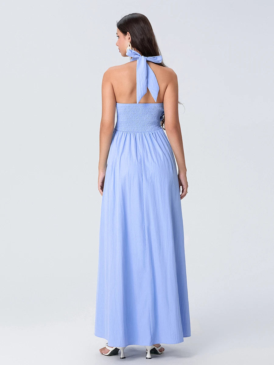 Women Summer Casual Maxi Dress - Solid Color - Tie-Up Halter Neck, Sleeveless & Backless Dress