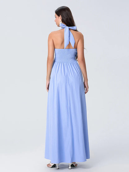 Women Summer Casual Maxi Dress - Solid Color - Tie-Up Halter Neck, Sleeveless & Backless Dress