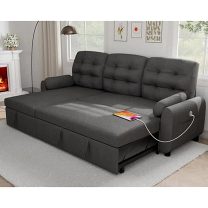 L Shaped Living Room Sectional Sofas - 87" Sleeper Sofa Bed with Side Pocket & Charging Station - Removable Backrest
