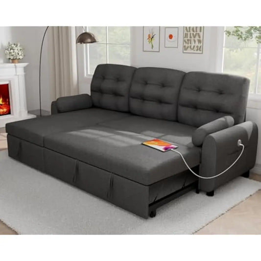 L Shaped Living Room Sectional Sofas - 87" Sleeper Sofa Bed with Side Pocket & Charging Station - Removable Backrest