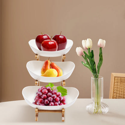 3 Tier Ceramic Fruit Basket - 3 Tier Serving Stand with Bamboo Wooden Frame - Porcelain Kitchen Bowls