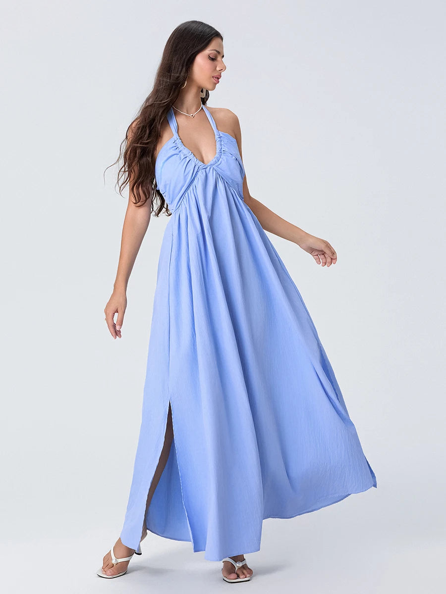 Women Summer Casual Maxi Dress - Solid Color - Tie-Up Halter Neck, Sleeveless & Backless Dress
