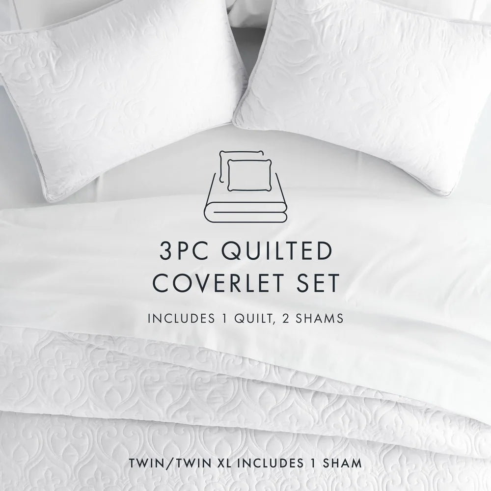 Ultra Soft White Damask Quilted Coverlet Set - Full Queen - Hypoallergenic, Breathable, Stain Resistant & Machine Washable, Decorative