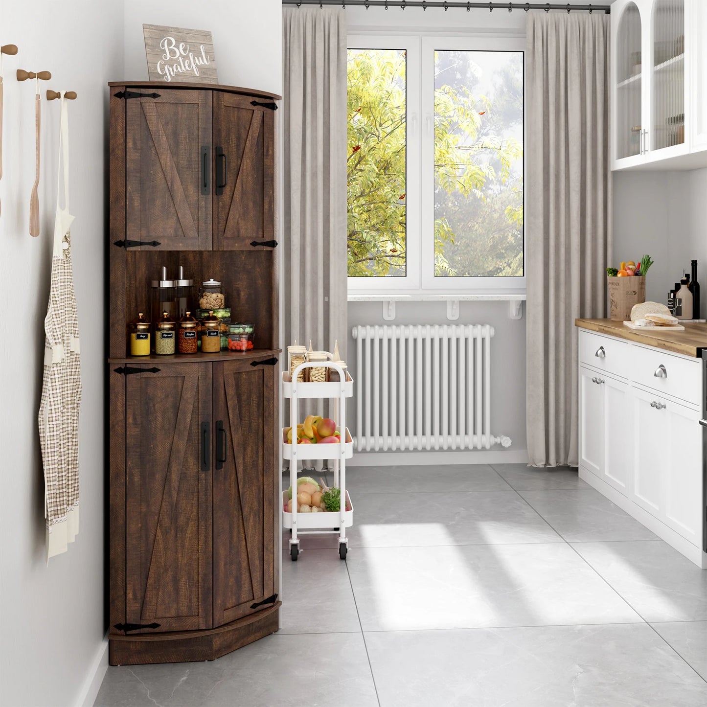 Tall Corner Bathroom Cabinet with Doors - 67" Storage Cabinet with Barn Doors and Adjustable Shelf for Kitchen, Bathroom, etc